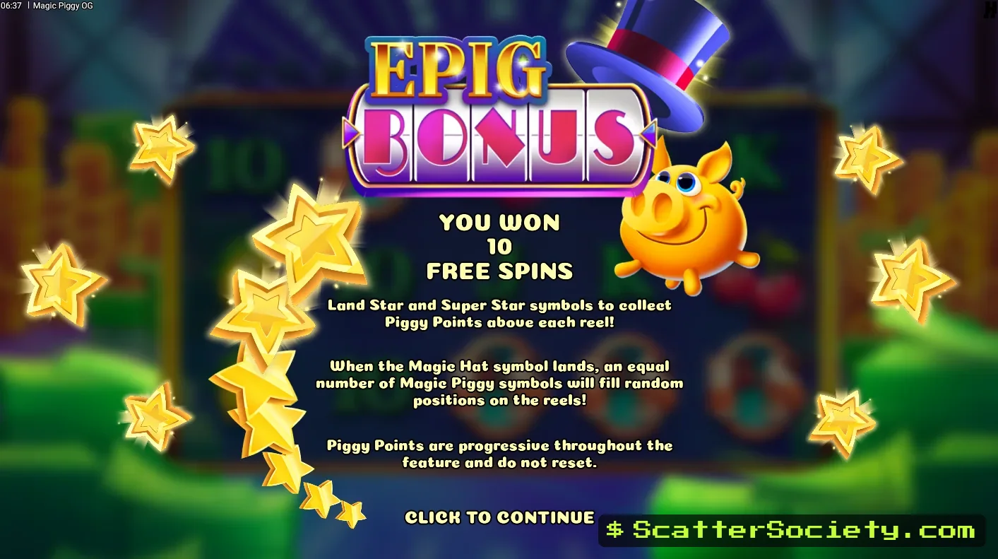 Magic Piggy OG grid showing the star progression bar above the reels tracking toward a guaranteed piggy spawn