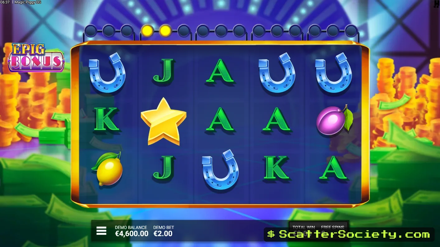 Magic Piggy OG Epig Bonus screen showing carried-over star progression and multiple piggies revealing cash prizes