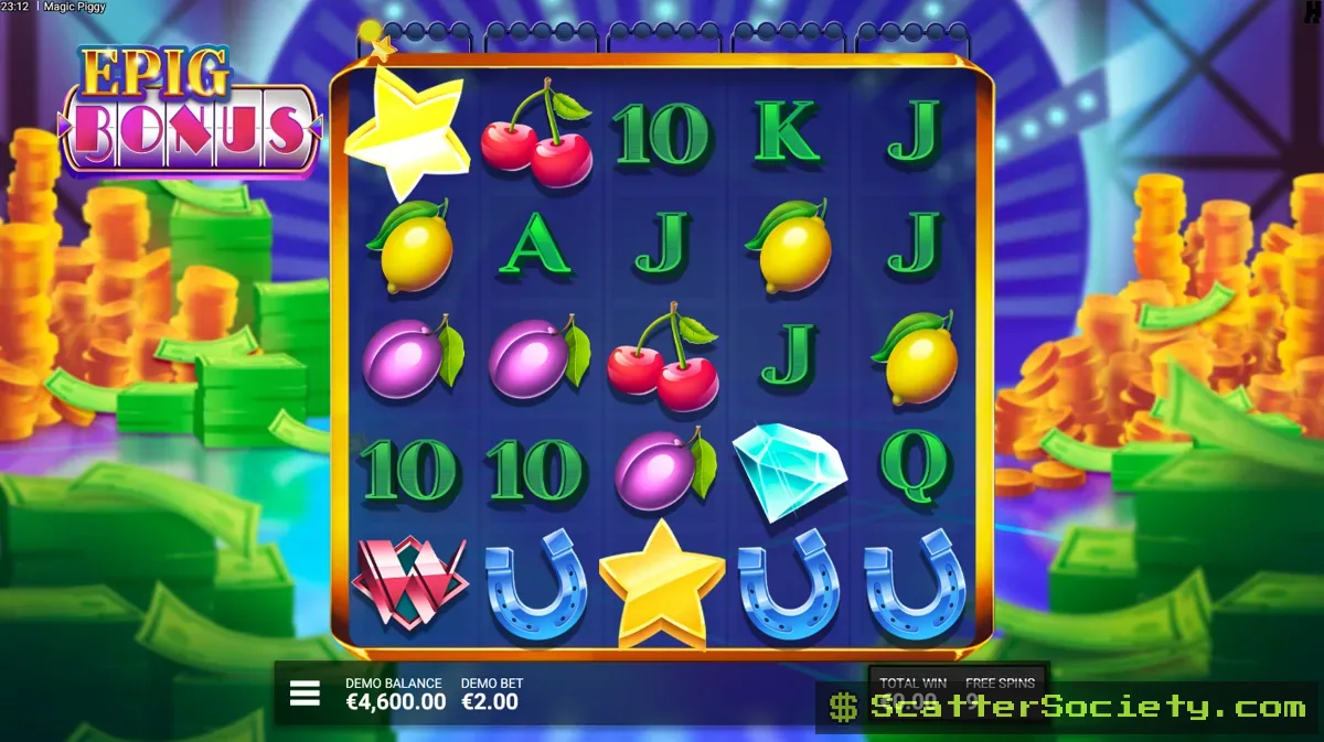 Magic Piggy Epig Bonus screen showing accumulated Piggy Points across multiple reels alongside Magic Hat transformations