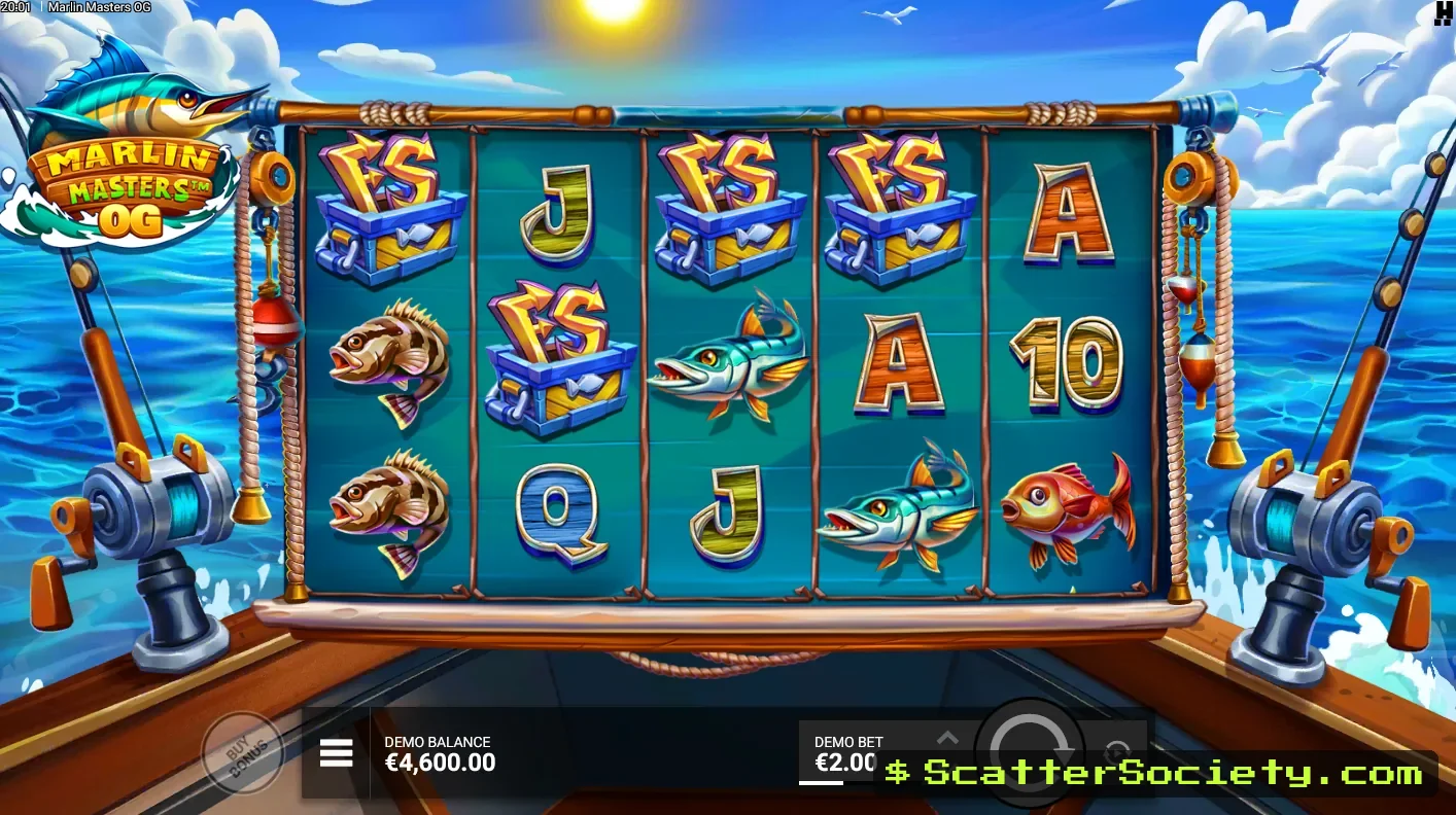 Marlin Masters OG base game grid showing Marlin symbols with cash values displayed across the compact 5x3 layout