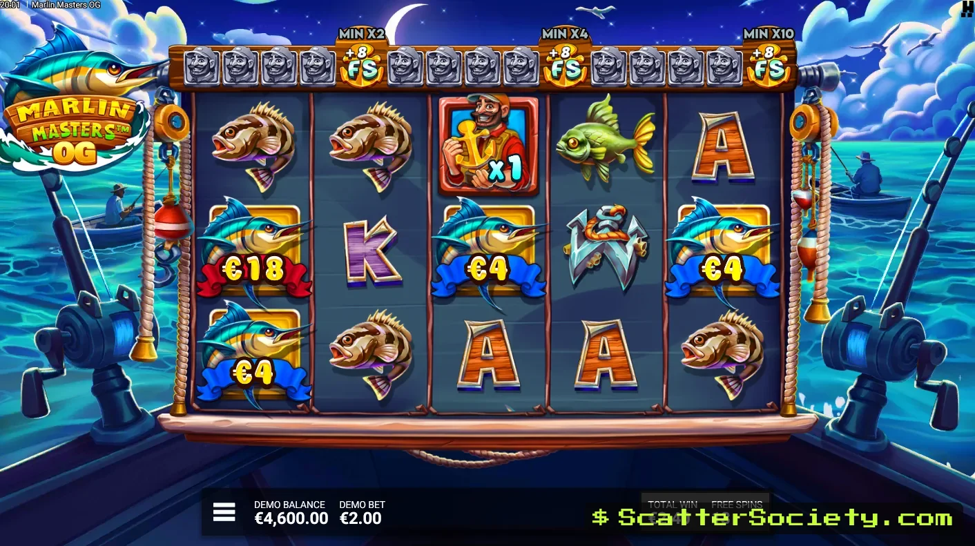 Marlin Masters OG free spins screen showing the progression system tracking toward an upgrade level after Fisherman collections