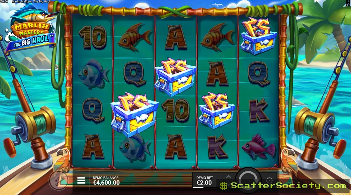 Marlin Masters The Big Haul base game grid showing a Golden Marlin symbol carrying a cash value among tropical fishing icons