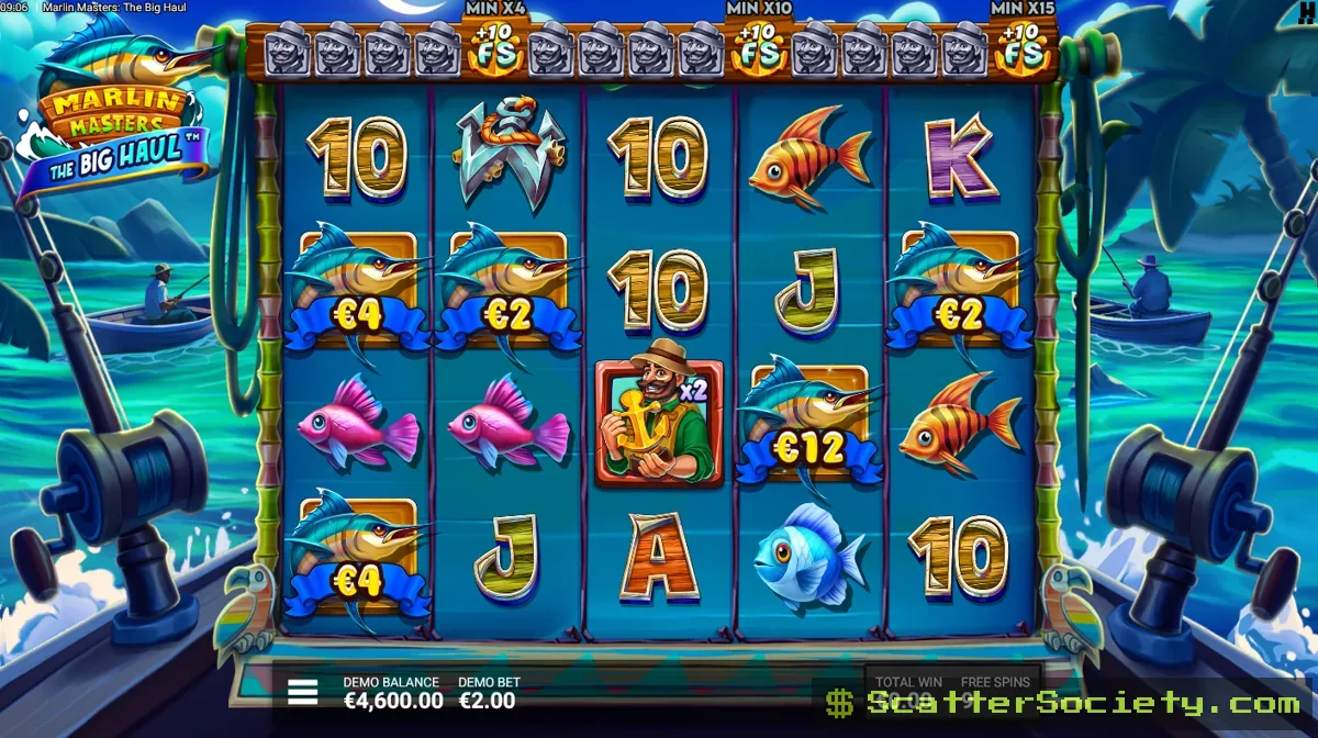 Marlin Masters The Big Haul grid showing a Fisherman symbol collecting every visible Marlin cash value across the entire grid