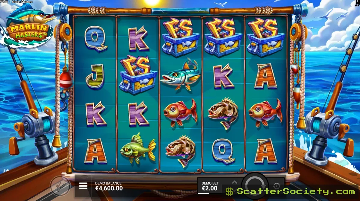 Marlin Masters base game grid showing a Marlin symbol carrying a random prize value among fishing themed icons