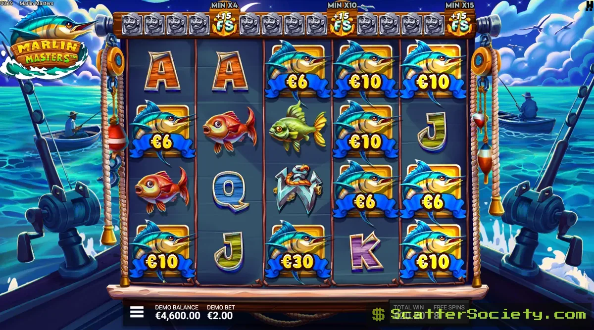 Marlin Masters grid showing a Fisherman symbol with an attached multiplier collecting multiple visible Marlin prize values simultaneously