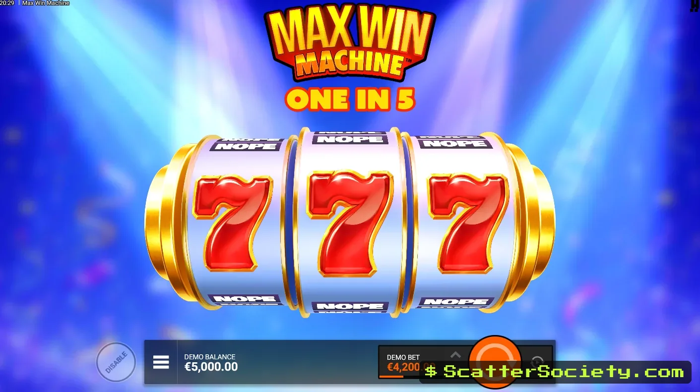 Max Win Machine base game reels showing a single Lucky Seven symbol landing on the one payline
