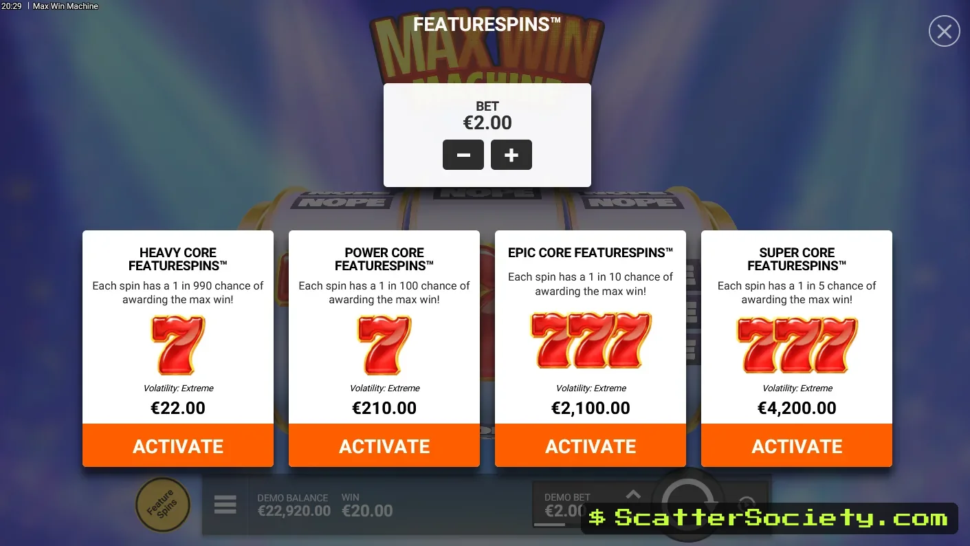 Max Win Machine reels showing three Lucky Seven symbols aligned on the single payline for the max win