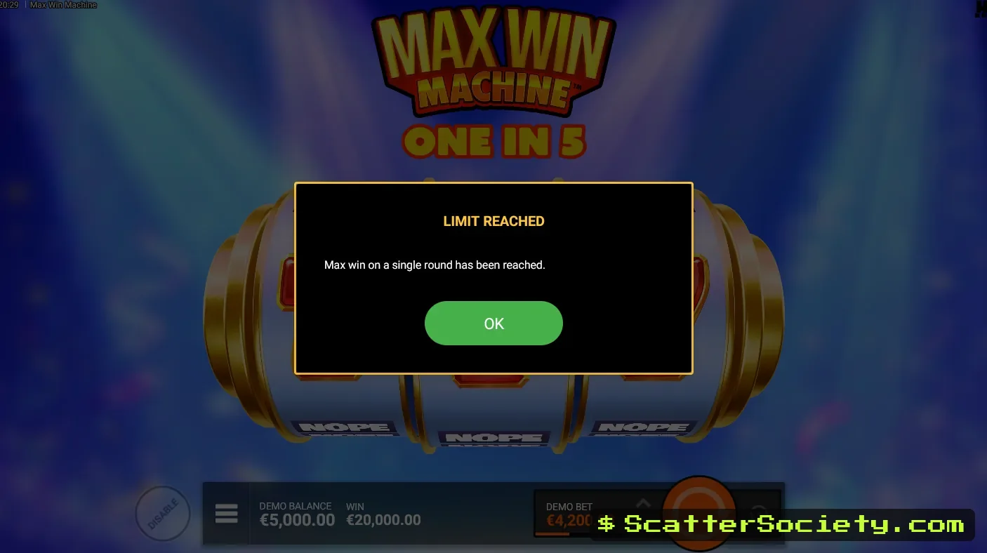 Max Win Machine feature buy menu showing four Core FeatureSpins options with escalating odds toward the max win