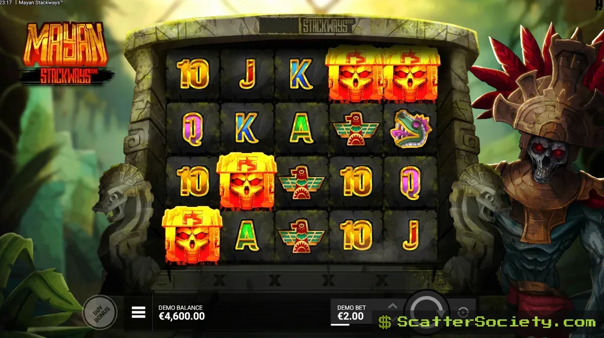 Mayan Stackways base game grid showing a Stackways symbol stacking multiple matching symbols on a single reel