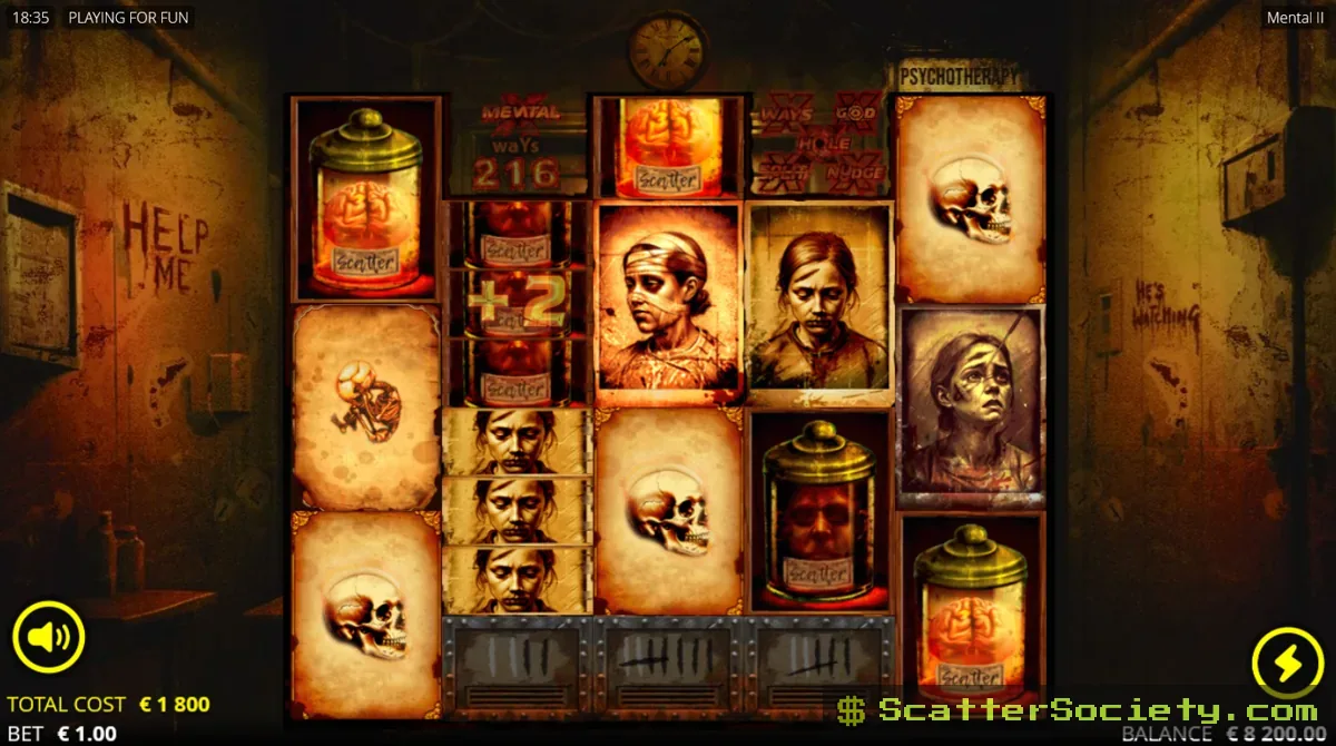 Mental II base game grid showing multiple Fire Frame positions splitting symbols across the reels
