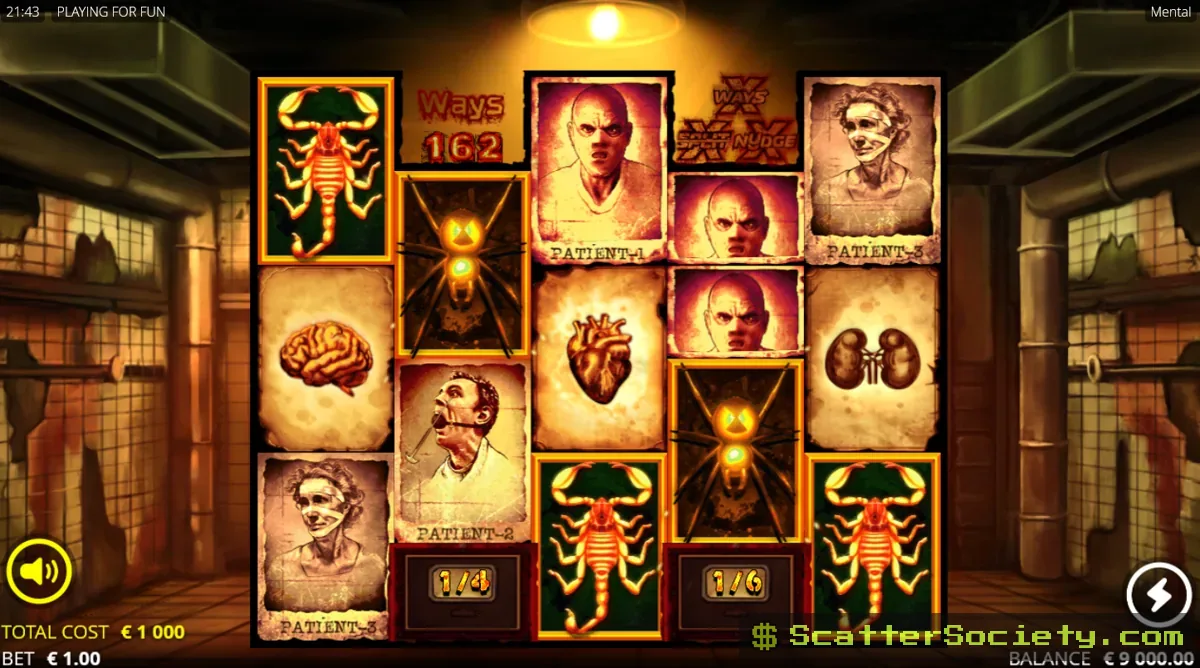Mental base game grid showing a Scorpion symbol on reel 1 with multiple Fire Frame positions activated around it