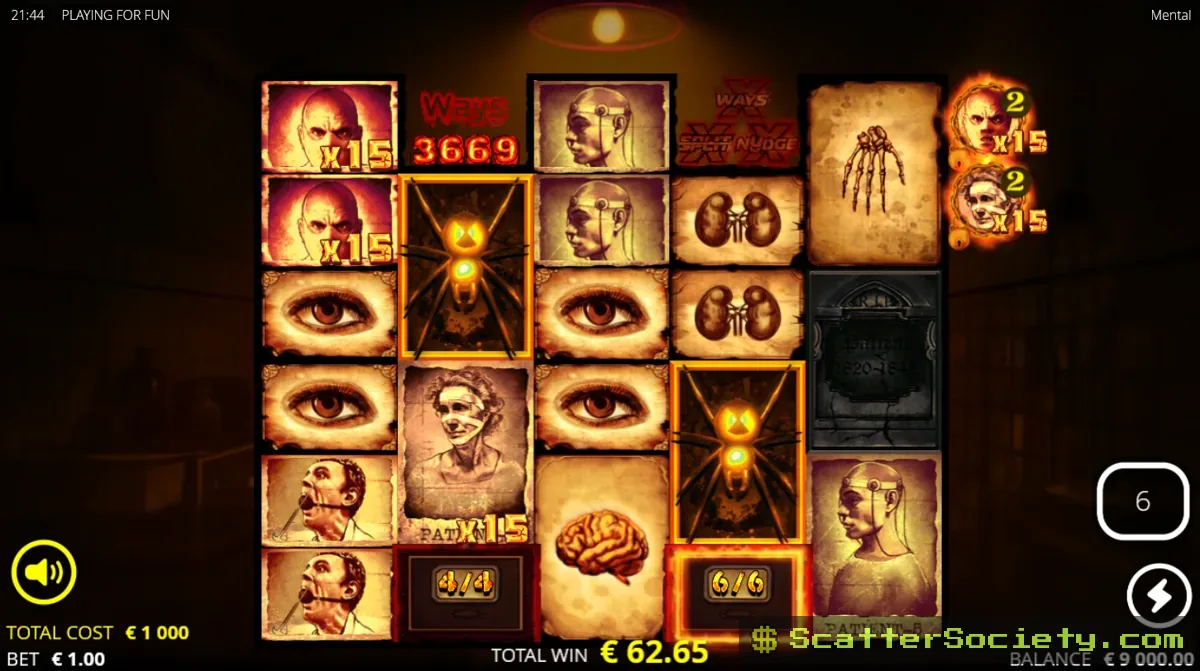 Mental Mental Free Spins bonus screen showing the full feature stack of split symbols and Fire Frames active simultaneously