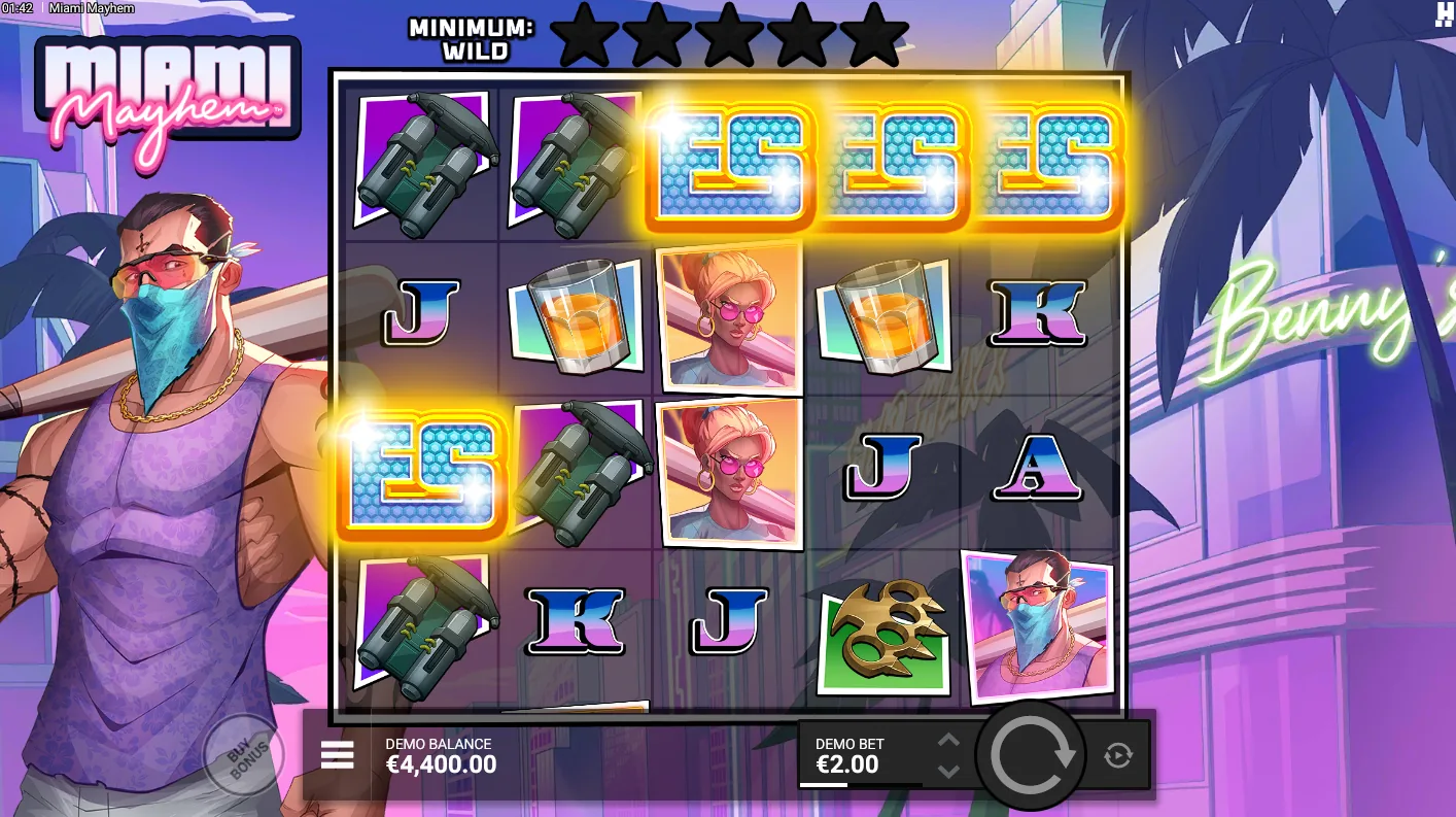 Miami Mayhem base game grid showing an expanding Crew symbol turning into a full-reel Wild with a multiplier value