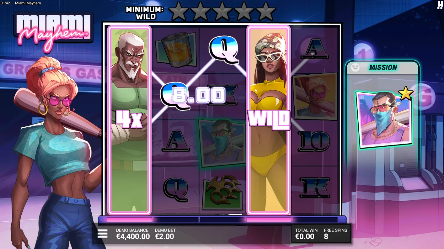 Miami Mayhem We Split bonus screen showing the Mayhem Bar storing multiple Crew reels for a final activation spin