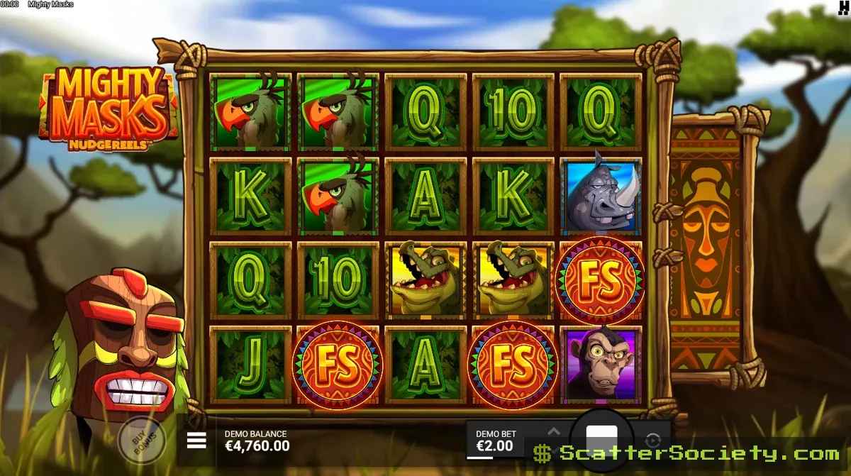 Mighty Masks base game grid showing multiple Mystery Mask symbols spreading downward before revealing their hidden symbol