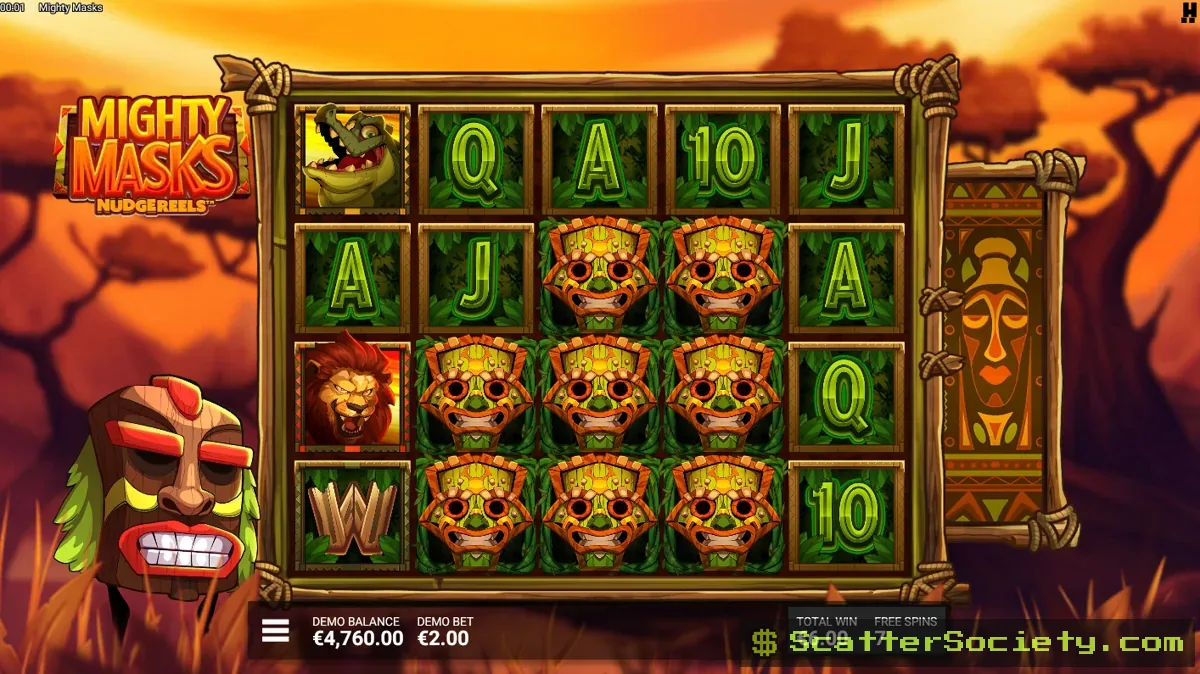 Mighty Masks Serengeti Sunset bonus screen showing multiple Nudge Wilds and Mystery Masks triggering simultaneously across the grid