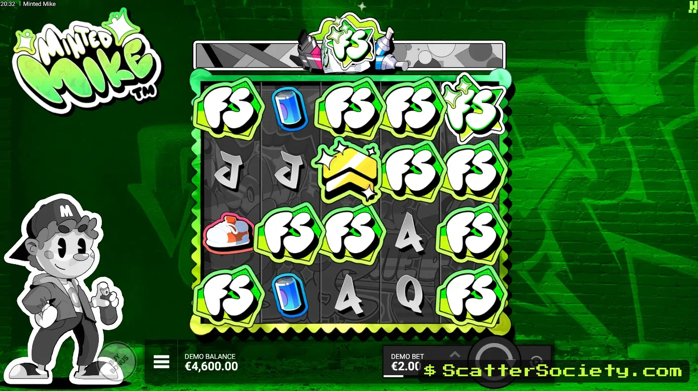 Minted Mike base game grid showing a Pink Sticker symbol painting new active paylines across the reels