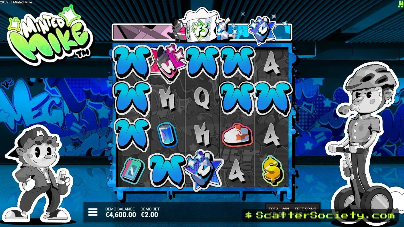 Minted Mike Tag and Dash bonus screen showing a guaranteed Sticker symbol and progressive Hot Lines with a high multiplier
