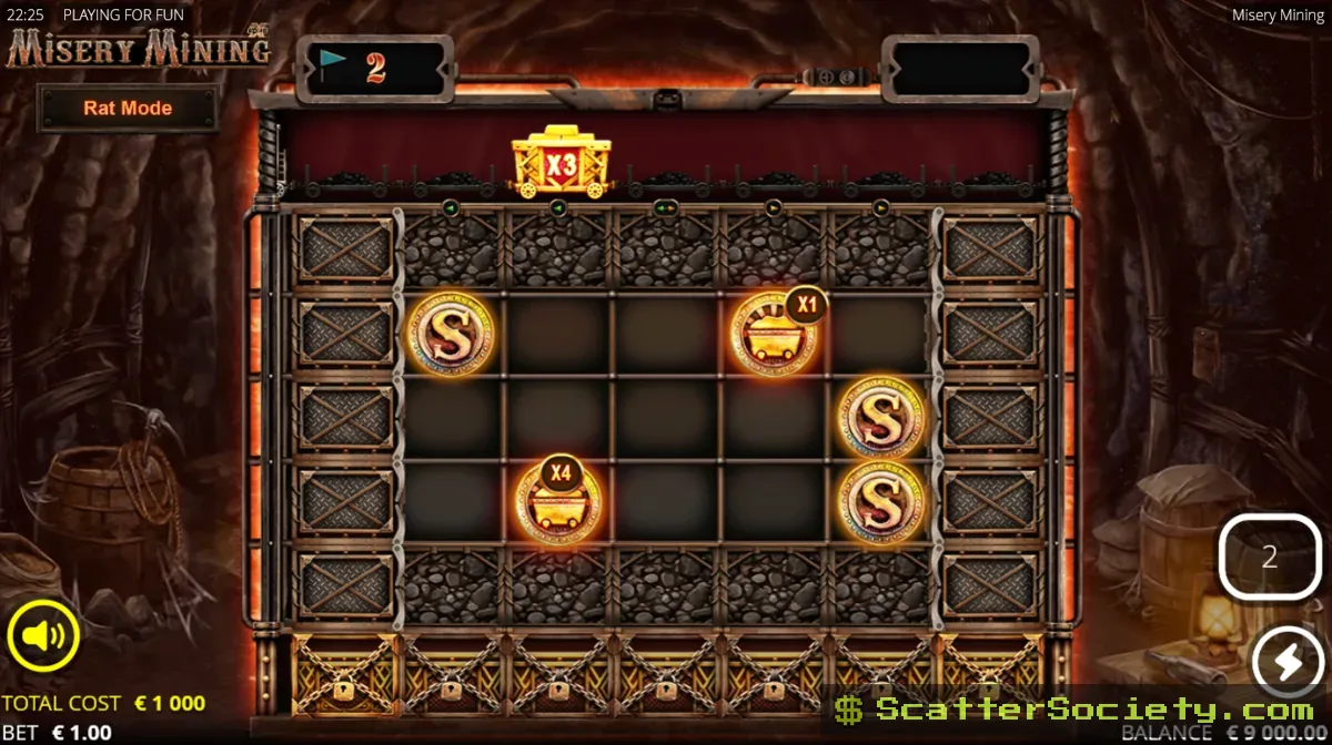 Misery Mining Rat Mode bonus screen showing a dramatically expanded grid with multiple enhancer symbols active at once