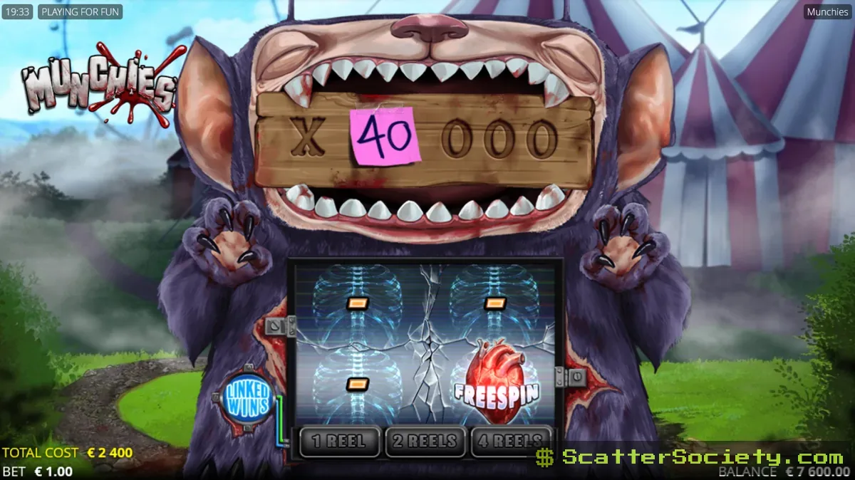 Munchies four-reel setup showing the Linked Wins mechanic copying a high multiplier value across two adjacent reels