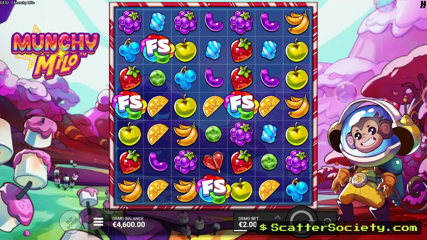 Munchy Milo base game grid showing a Jolt Frame spreading in a straight line across the spacious 7x7 grid