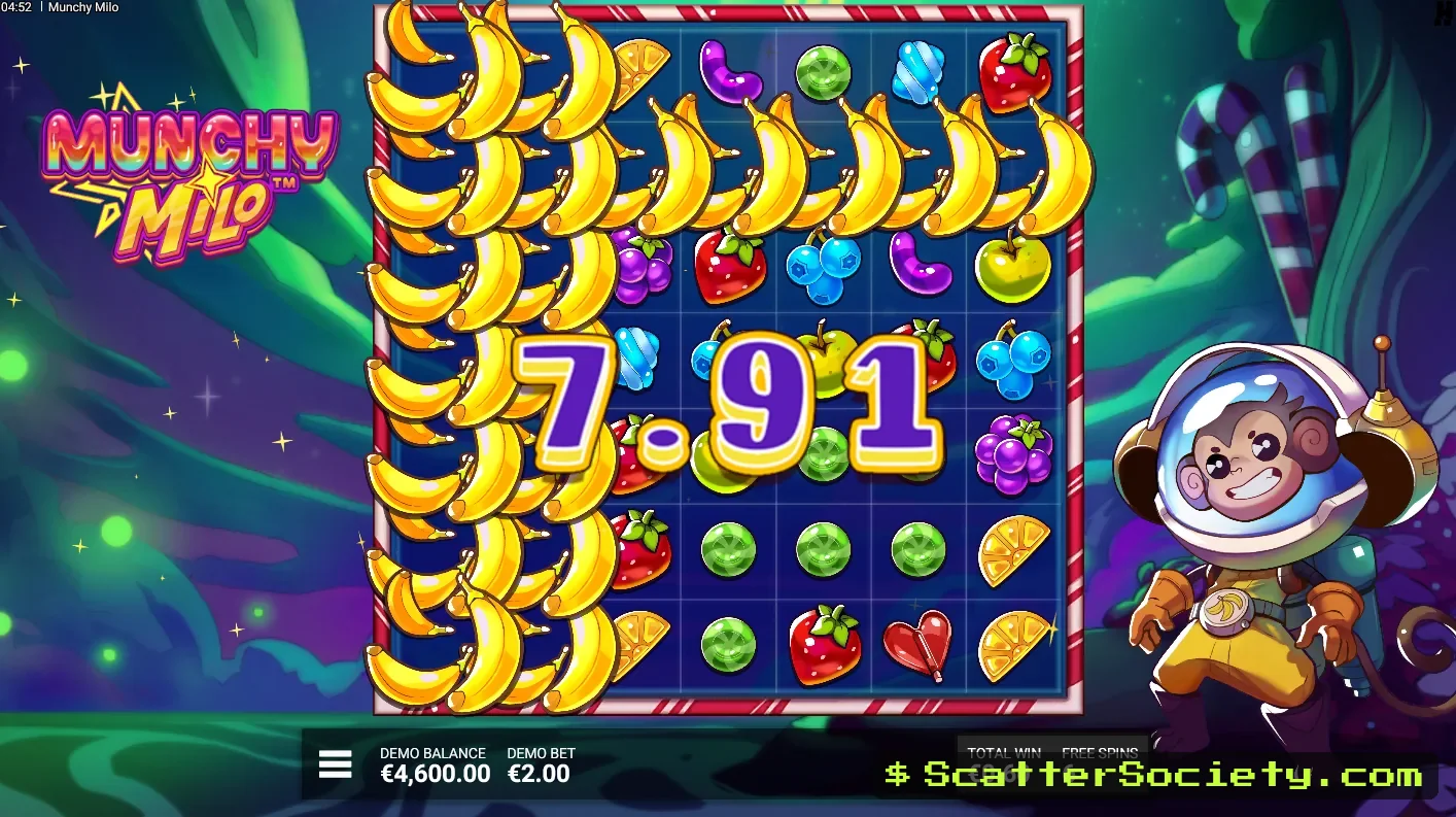 Munchy Milo Going Bananas bonus screen showing a guaranteed Jolt Frame spreading across the grid every spin