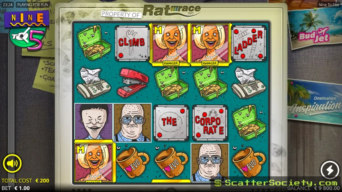 Nine To Five base game grid showing a stacked xNudge Wild symbol nudging down across reel 3