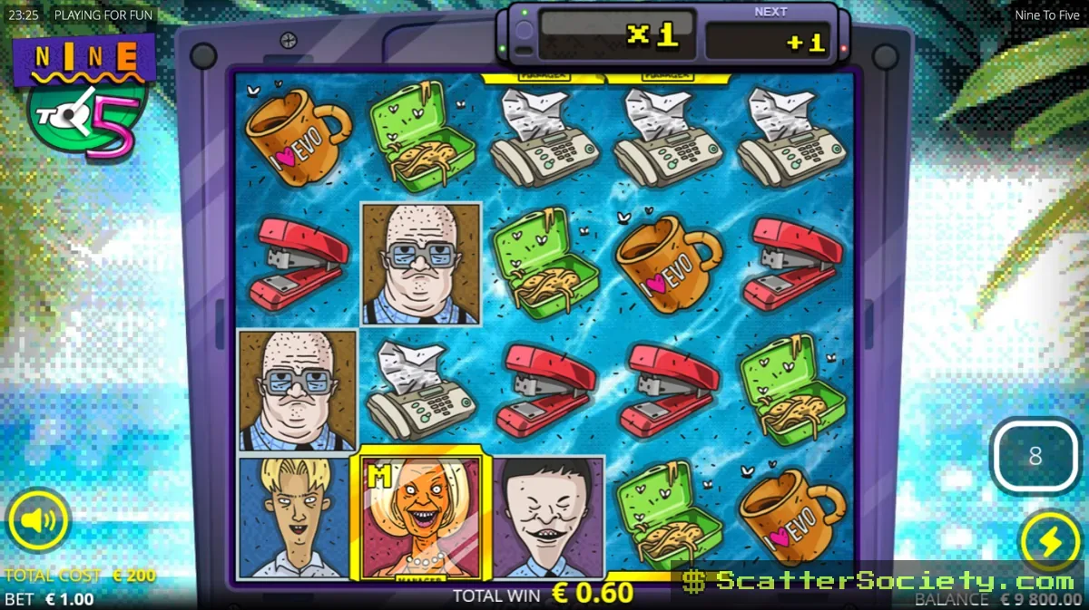 Nine To Five Ivory Tower Spins bonus screen showing multiple xNudge Wild symbols stacking multiplier value across the grid