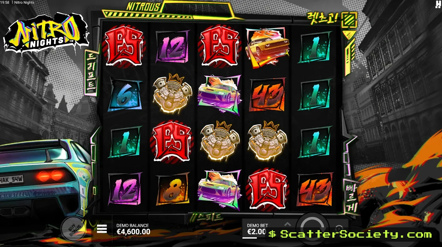 Nitro Nights base game grid showing a Nitro symbol triggering Burnout Mode with nudges and sticky wilds