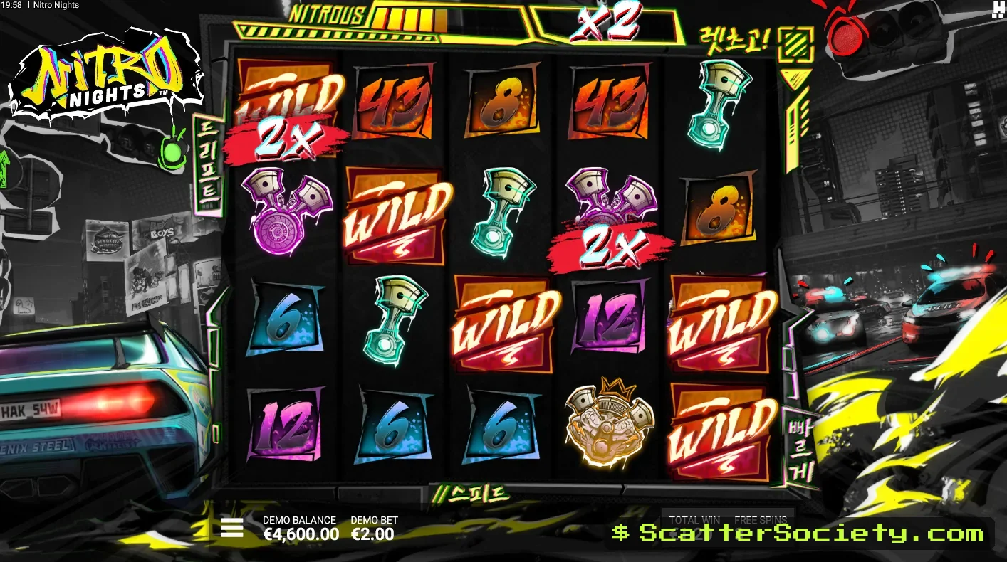 Nitro Nights Fukushima Hidden Bonus screen showing the Super Nitrous Bar accumulating nudges without a cap