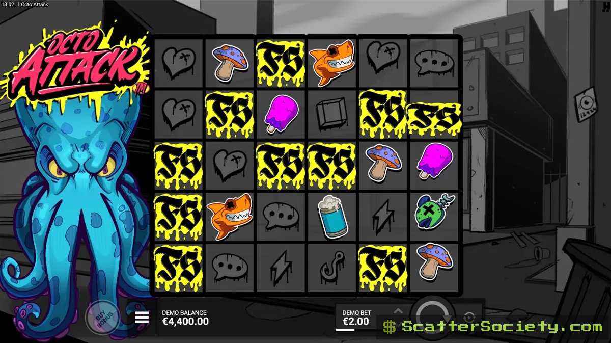 Octo Attack base game grid showing Otto the Octopus activating the Tenta-Grab mechanic to grab an Ink Stain symbol