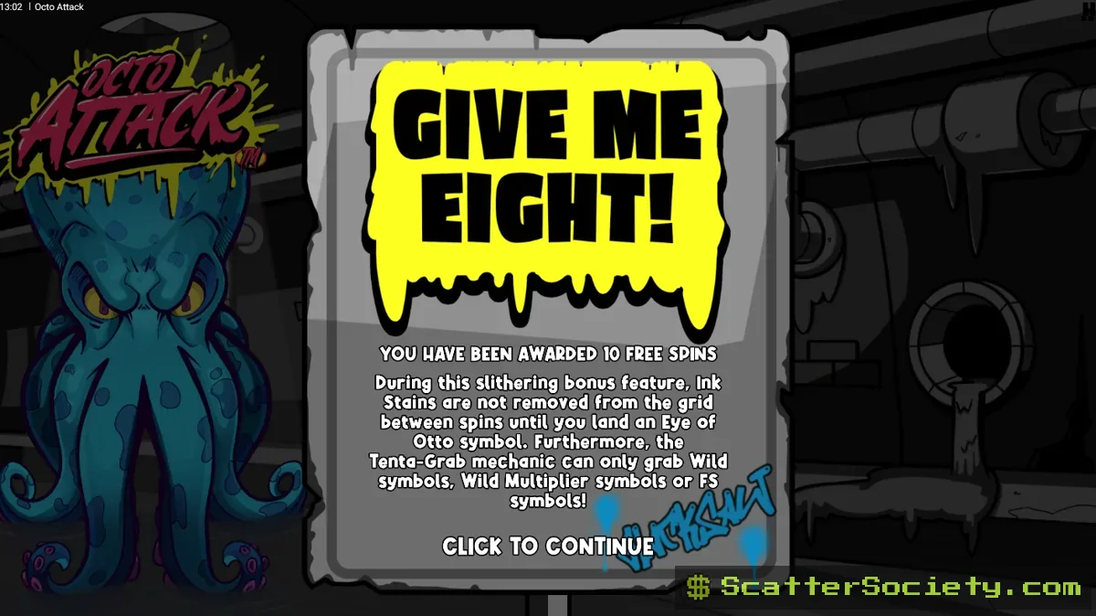 Octo Attack grid showing multiple Ink Stains transforming into matching symbols after the Tenta-Grab mechanic triggers