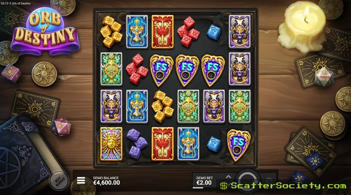 Orb of Destiny base game grid showing multiple Orb symbols alongside FS scatter symbols and mystical tarot card icons