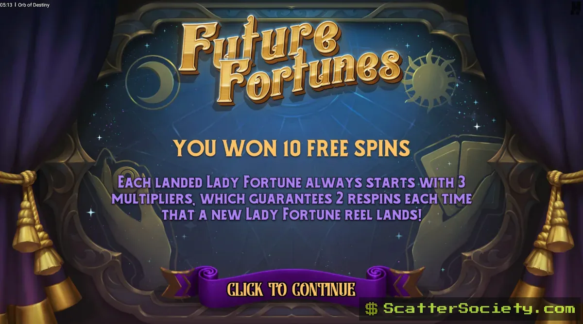 Orb of Destiny grid showing a Lady Fortune reel with a 3x multiplier value displayed at the bottom during an active spin