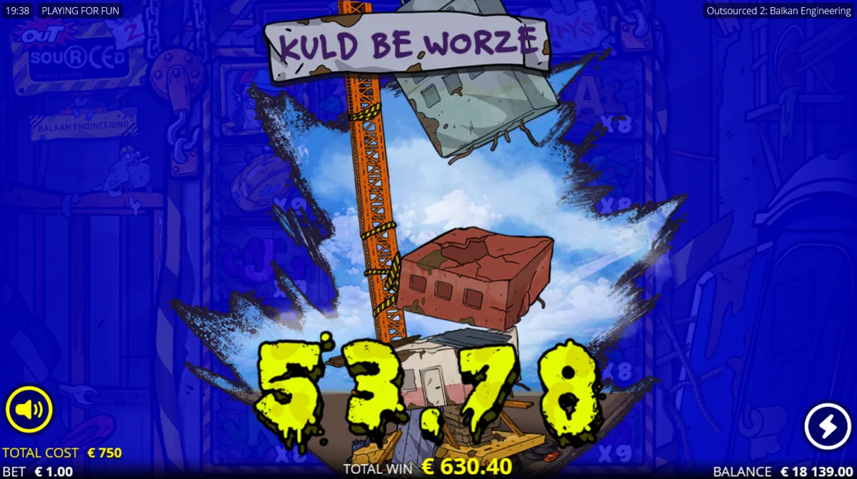 Outsourced 2 big win screen reading KULD BE WORZE with a 630.40 total win at x9 multiplier