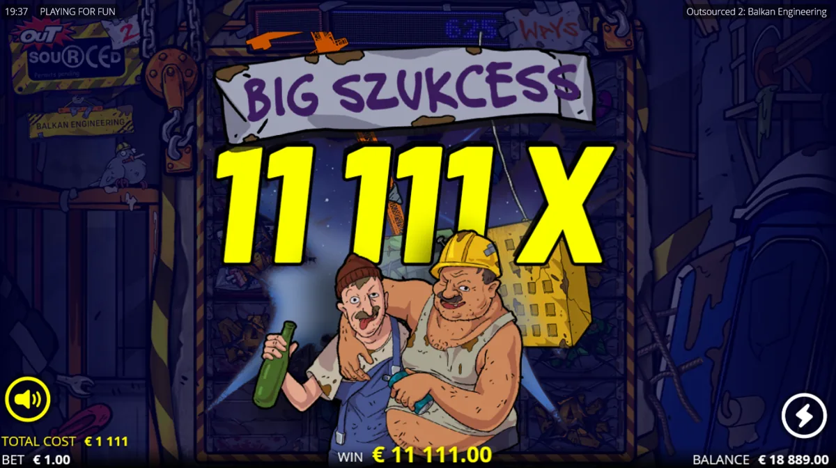 Outsourced 2 Big Szukcess screen showing an instant 11111x win of 11,111.00