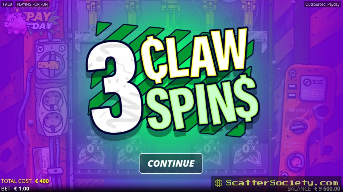 Outsourced Payday conveyor belt showing a robotic claw dropping to grab a multiplier prize from the belt