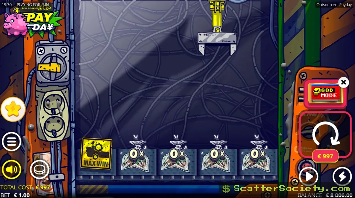 Outsourced Payday Claw Spins bonus round showing multiple claws active simultaneously grabbing prizes from the belt