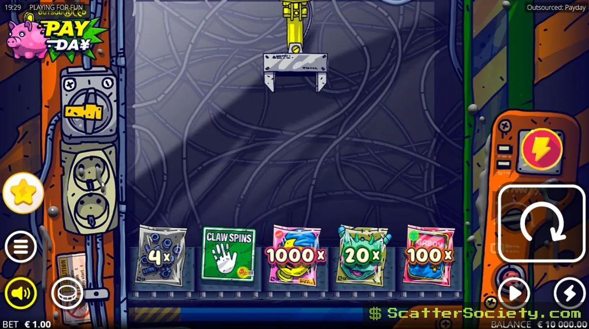 Outsourced Payday God Mode feature showing the guaranteed MAX WIN symbol passing along the conveyor belt