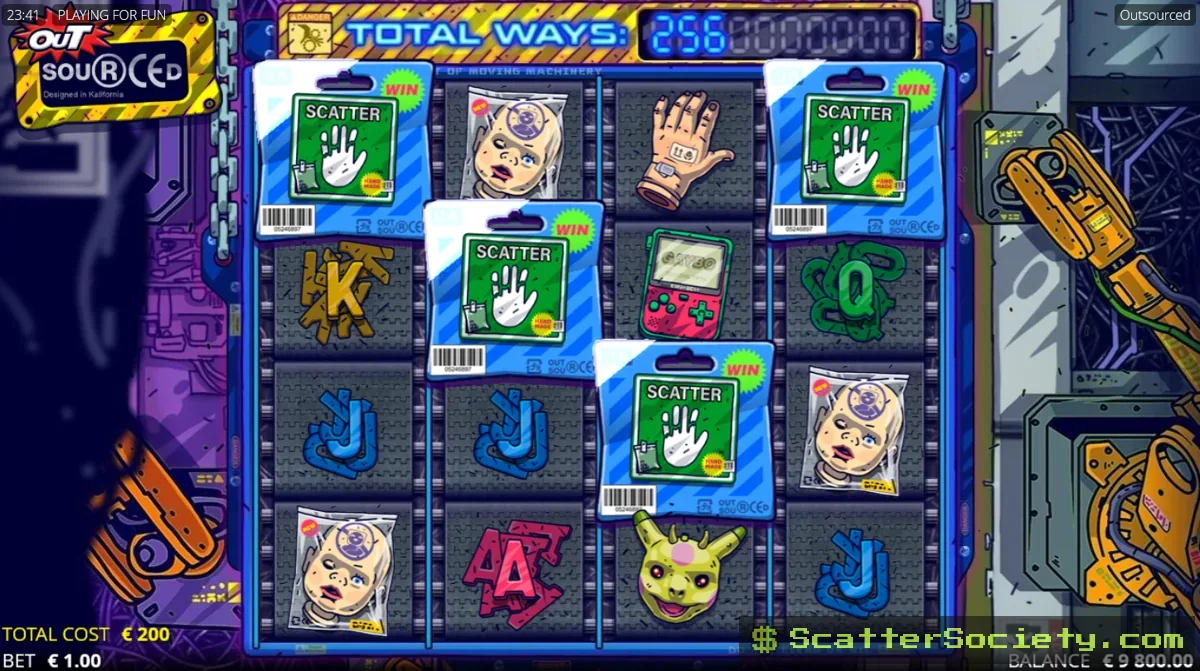 Outsourced base game grid showing an xWays symbol revealing a stack of matching factory-themed symbols