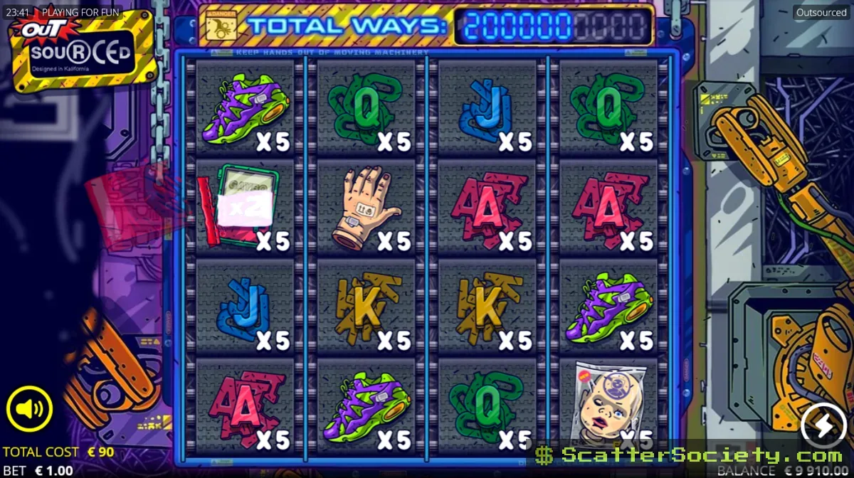 Outsourced xGod feature screen showing the letters M A K S spelled out across the grid for an instant max win