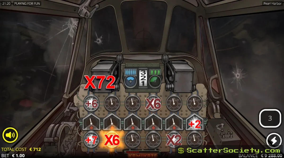 Pearl Harbor Tora Tora Tora bonus screen showing cash respin values collecting inside a fighter plane cockpit display