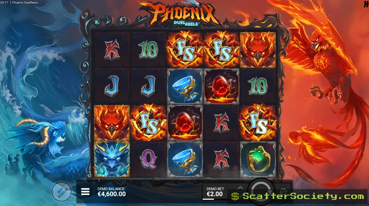 Phoenix DuelReels base game grid showing a VS symbol landing on reel 5 among fire and ice themed premium symbols