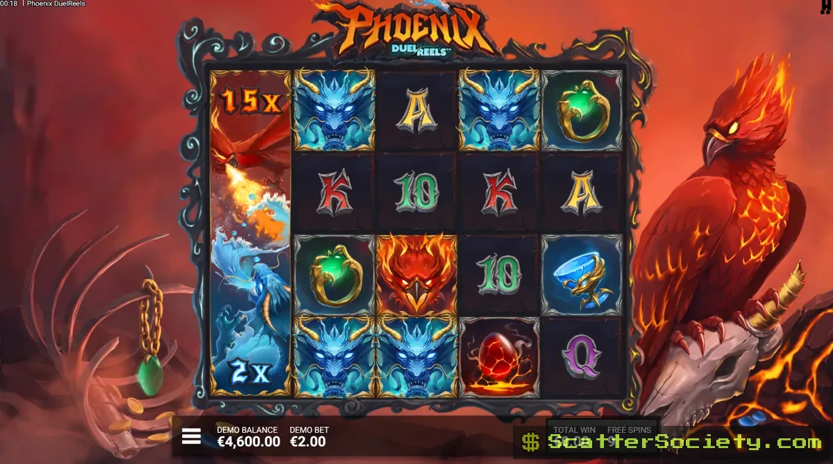 Phoenix DuelReels Fire and Water Bonus screen showing an extended free spins round with multiple VS symbol retriggers active