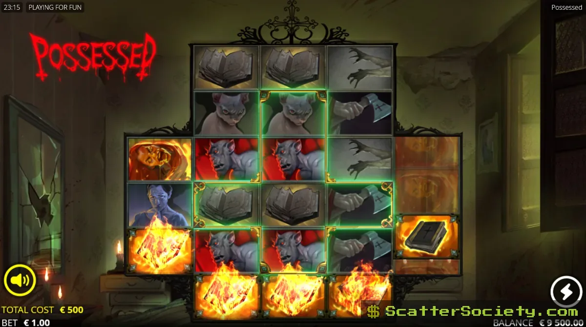 Possessed base game grid showing a full-reel Wild symbol covering the highlighted Cross area in the center