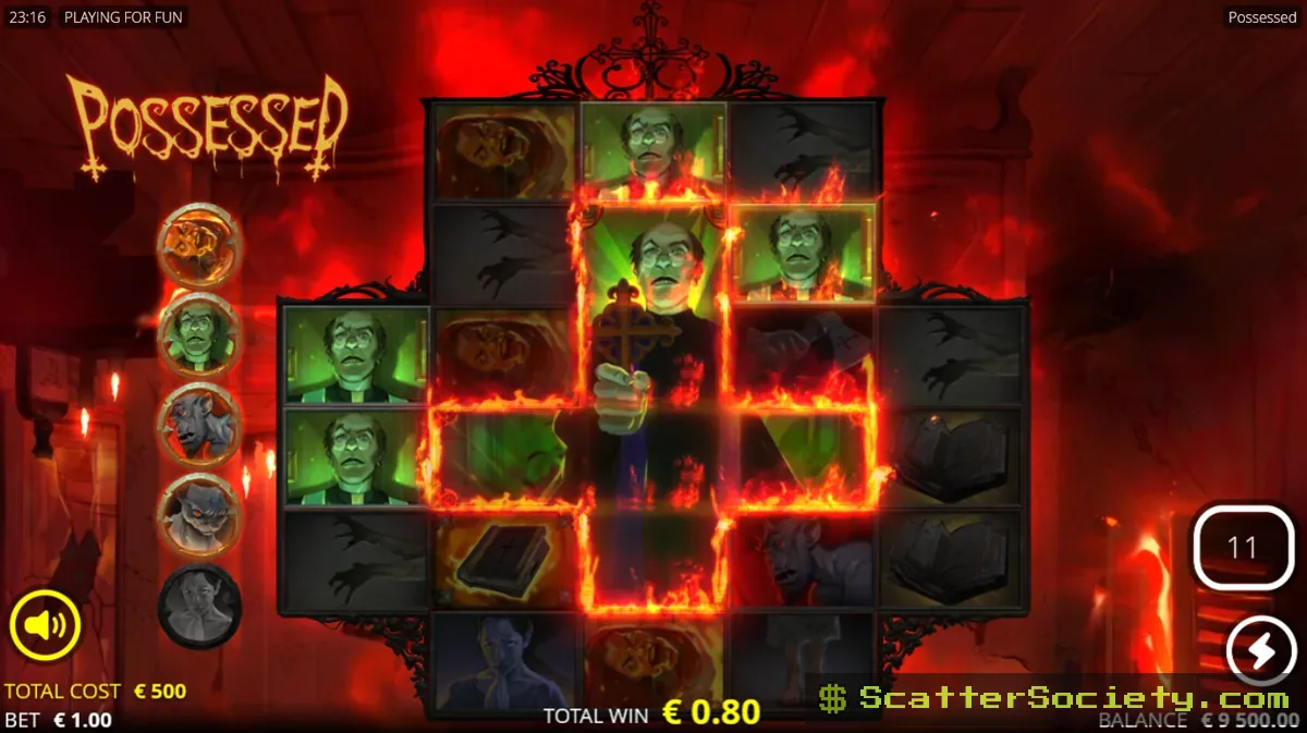 Possessed Beelzebub Spins bonus screen showing the Cross area fully activated with multiple wild and multiplier symbols