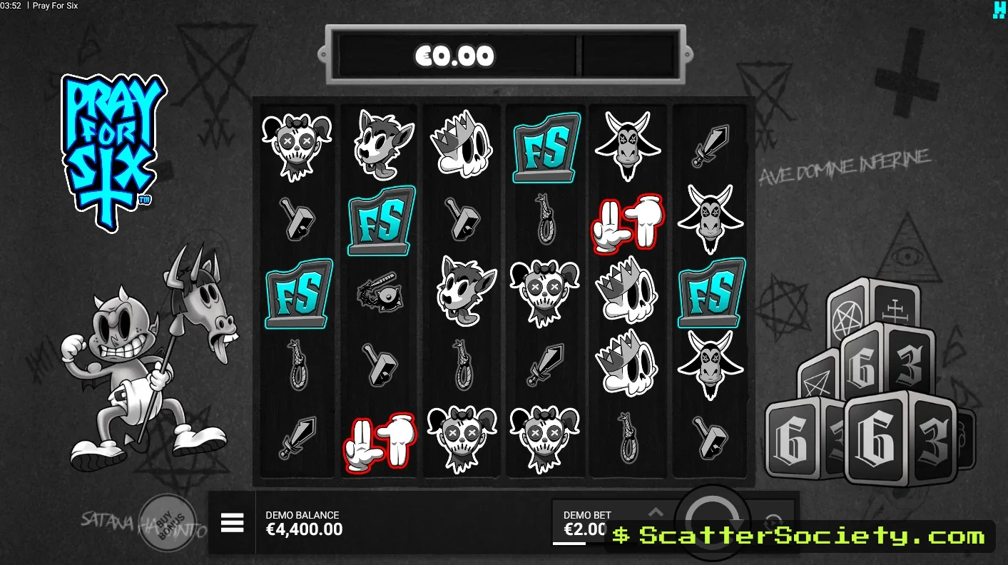Pray for Six base game grid showing multiple matching symbols forming a scatter pays win with a Total Win Bar visible