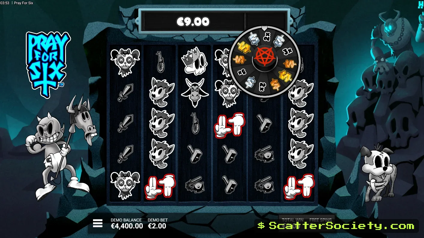 Pray for Six Cradle of Chaos bonus screen showing the Total Win Bar carrying a large accumulated value between spins