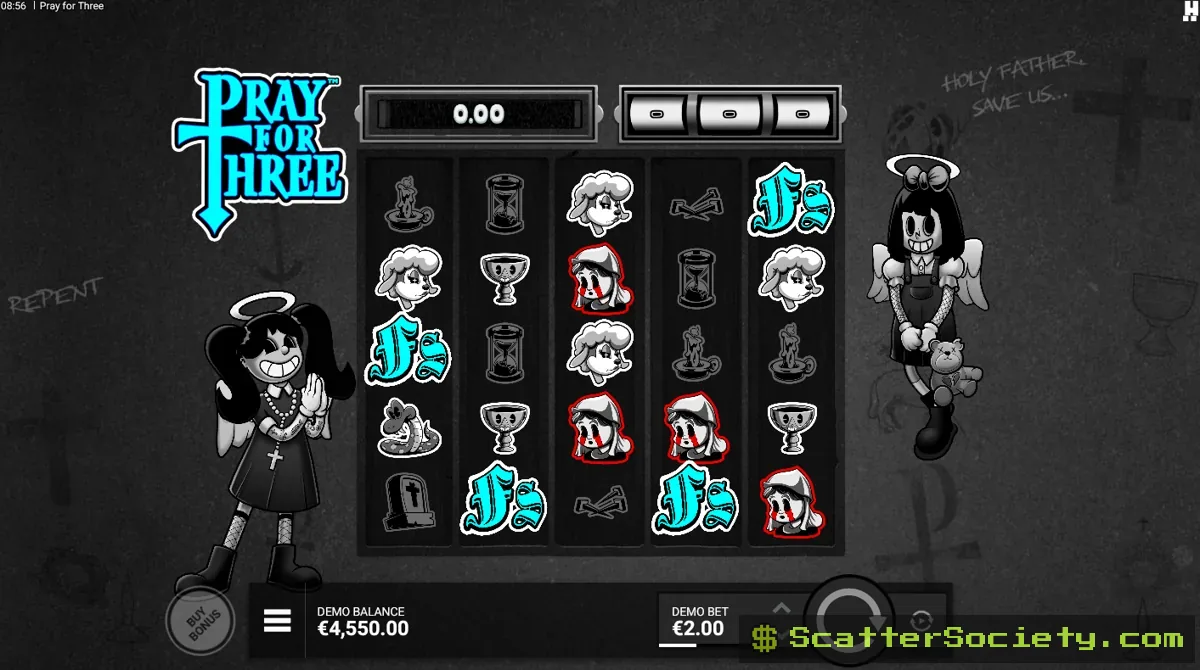 Pray for Three base game grid showing the Wheel of Sin positioned outside the reels with multiple multiplier sections
