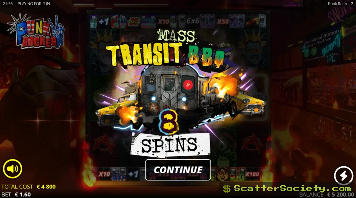 Punk Rocker 2 base game grid showing multiple character symbols and a jumping wild during a Riot Respin